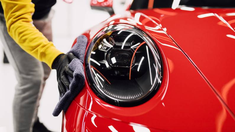 A man cleaning car with cloth, car detailing (or valeting) concept.