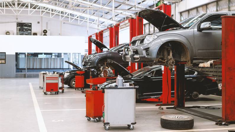 car repair station with soft-focus and over light in the background