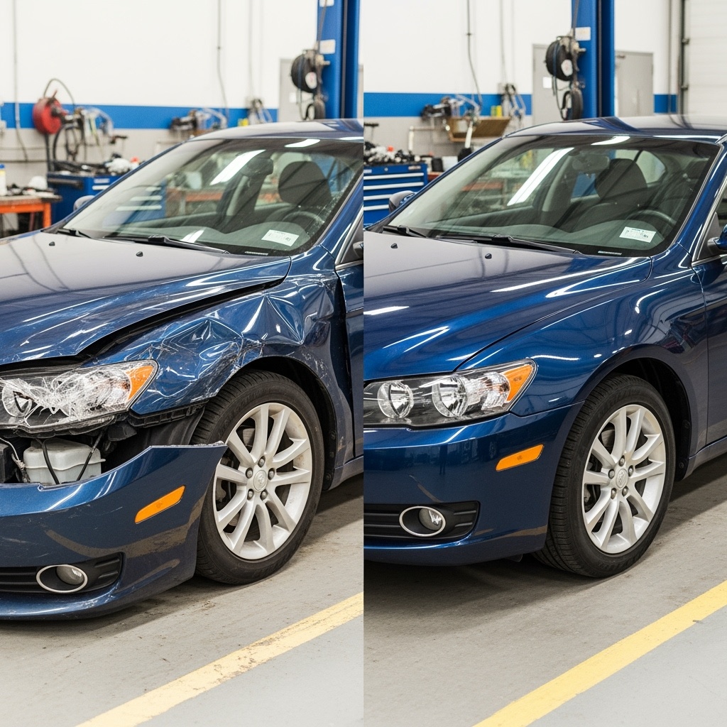 auto collision shop car repair, no people just 1 wrecked car before and after image side by side image of the same car